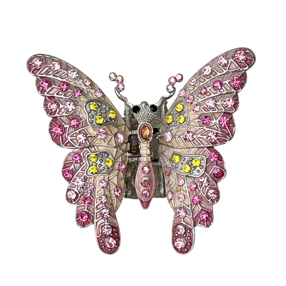 Beautiful Vintage Noblesse Pink Yellow Rhinestone Butterfly Claw Hair Clip